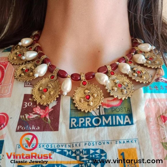 Pearls and Beads Jewelry Set, Handmade Coins Jewelry Set With Glass Stones, - Picture 2 of 12